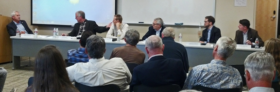 Representative Mark Johnson leads a forum on Energy at the Columbia Gorge Community College in September 2015.