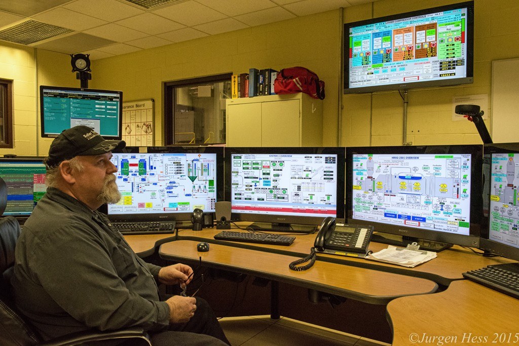 Dale Ransom, Operations Technician, monitors opertion of the generating plant.