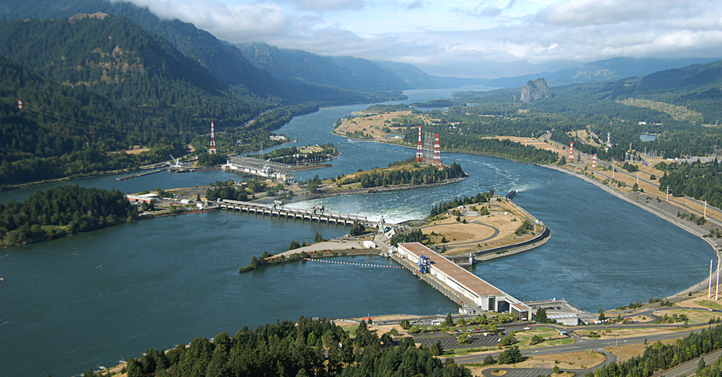 Aerial image of the Bonneville Dam on the Columbia River