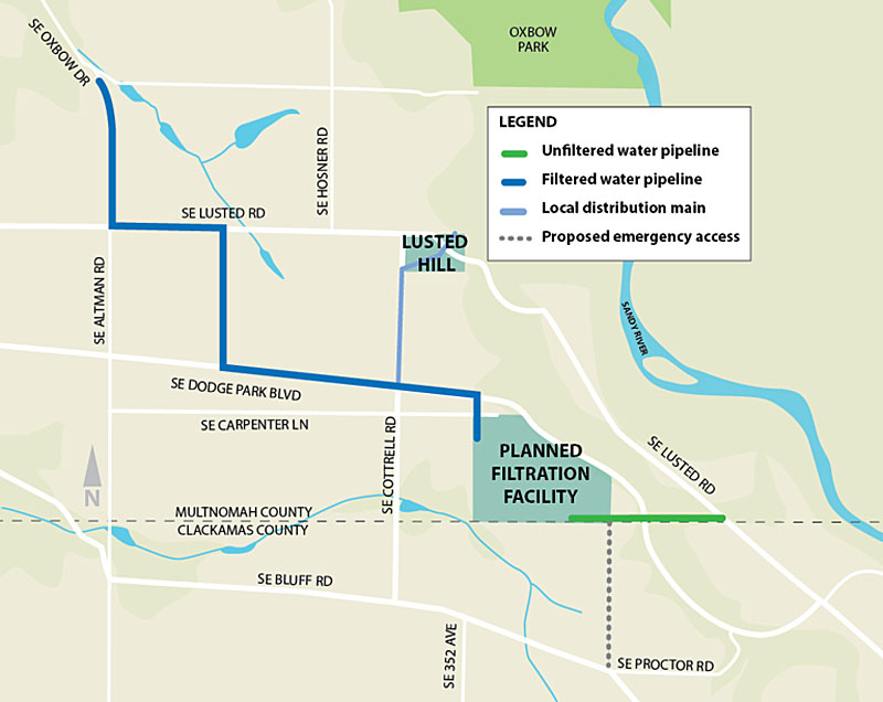 Project map showing the location of the planned water filtration facility and pipelines.