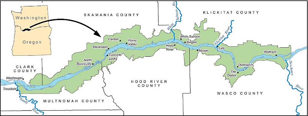 Map shows location of counties in Columbia River Gorge National Scenic Area