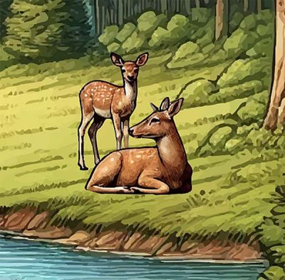 Doe and fawn illustration in pastoral setting