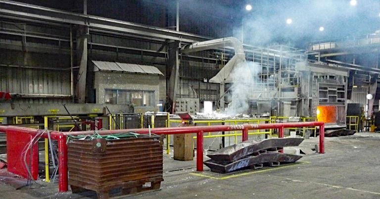 EPA inspection photo, Hydro Extrusions induction furnace 1 visible emissions, smoke fumes open furnace