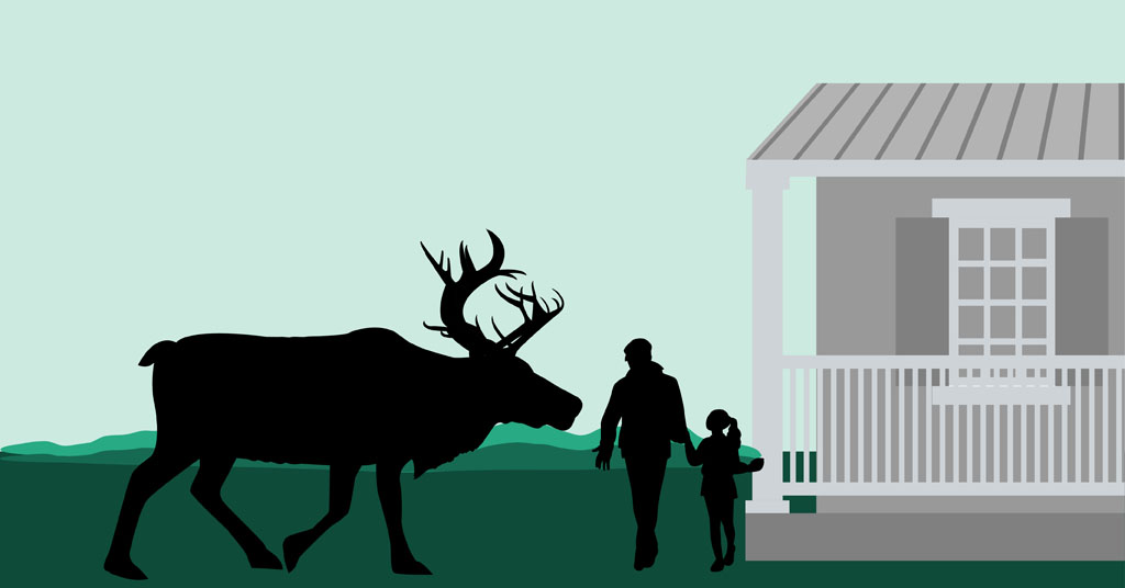 Illustration of an elk at a house in Oregon by Mackenzie Miller