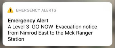 Evacuation text related to Holiday Farm Fire in Willamette National Forest, September 2020