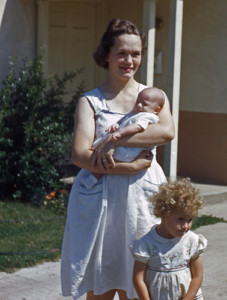 Josephine Webb holding Frank, w/ Susan Webb looking off-camera, Whittier, CA Aug 1945