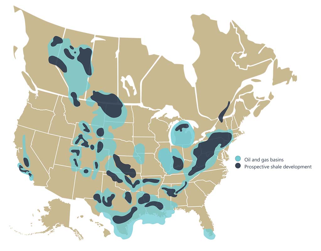 Oil and Gas Basins and Shale Development in United States map.
