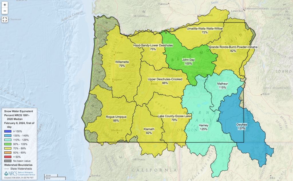 Oregon snow water equivalent map, Feb 6, 2024