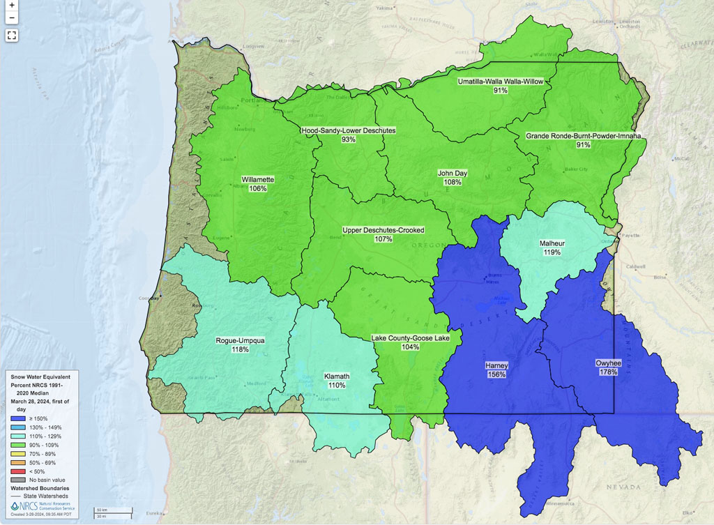 Oregon snow water equivalent map March 28, 2024