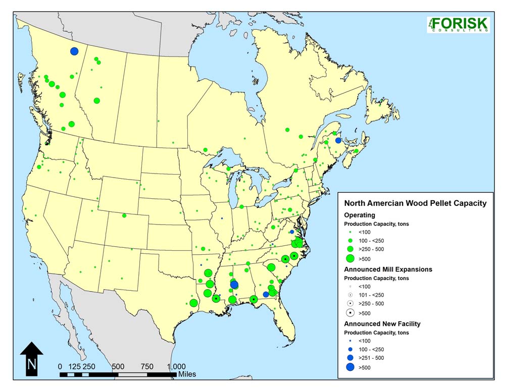 Wood pellet capacity in U.S. 2022