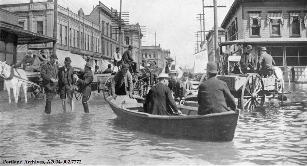 Portland under water in Willamette Flood of 1894.