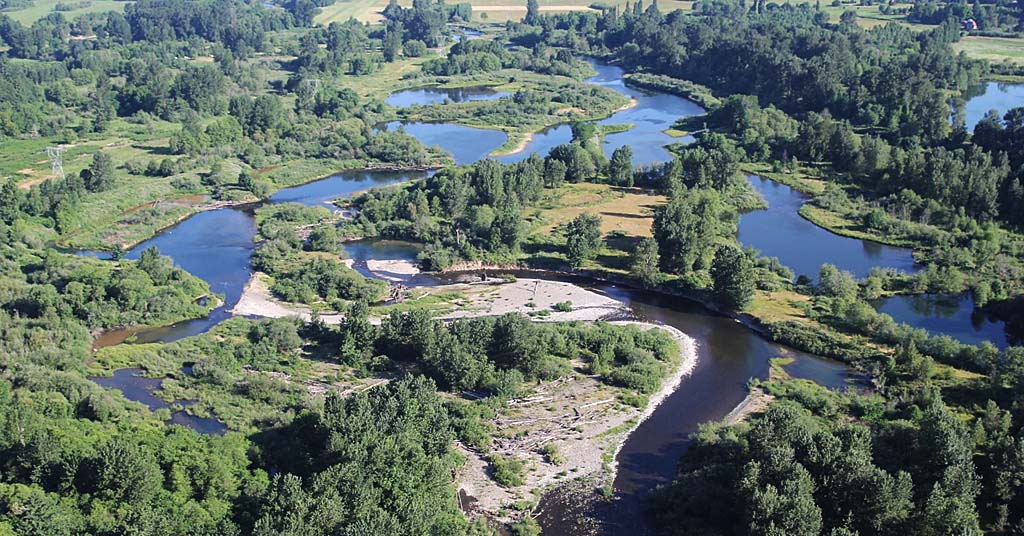 Aerial view of nine Ridgefield Pits in southwestern Washington