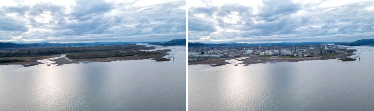 Sandy River Delta AI rendering with and without development