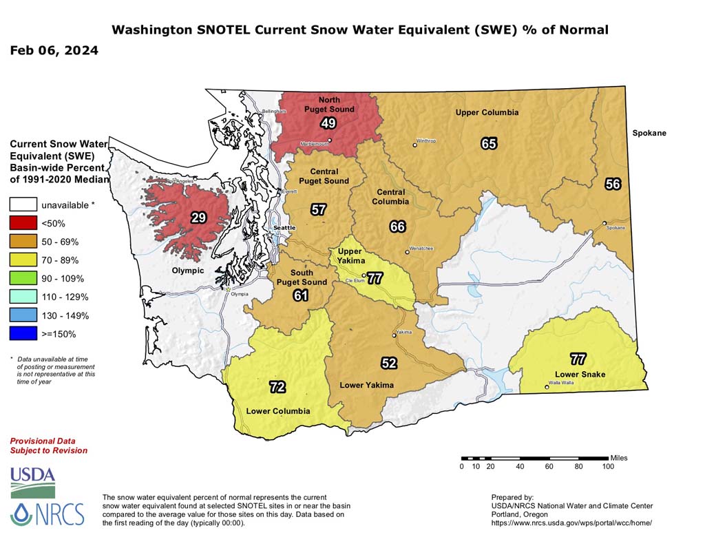 Washington state map showing poor snowpack