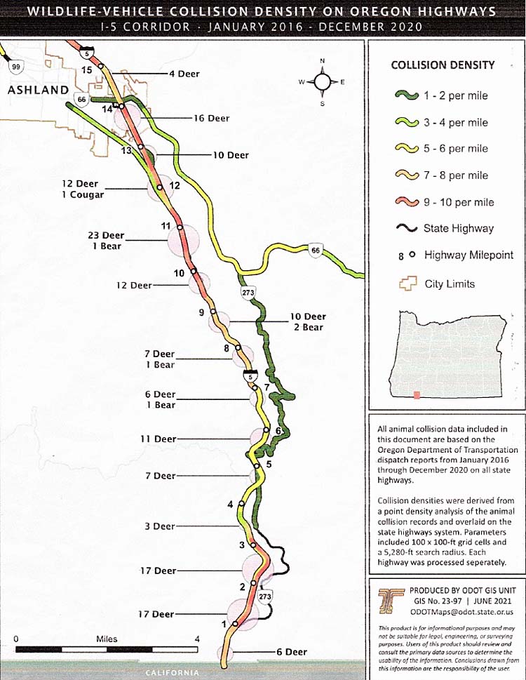 Chart shows Wildlife Vehicle Collision Density on southern Oregon