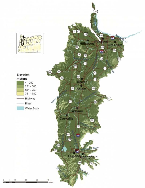 Map of Willamette Valley in Oregon